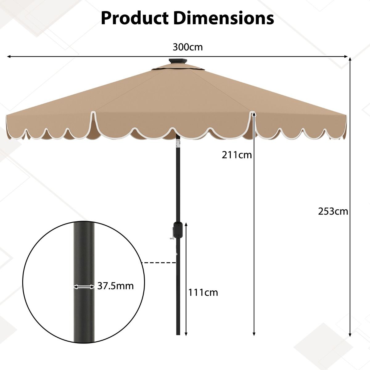 Coast tuinparasol met LED-verlichting - slingerbediening - kantelbaar tot 35° - bruin 300 x 253 cm