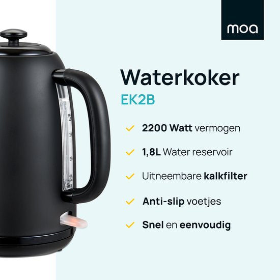 MOA Waterkoker 1,8 Liter - Elektrische Waterkoker - Met Kalkfilter en Anti-Slip - 2200W - Zwart