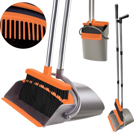 TTD® Stoffer en Blik met Lange Steel XXL - Verstelbaar 54-263 cm - Bezem - Bezemsteel - Grijs & Oranje - Veger en Blik - Vuilblik voor Binnen en Buiten - Ingebouwde Schoonmaaktanden
