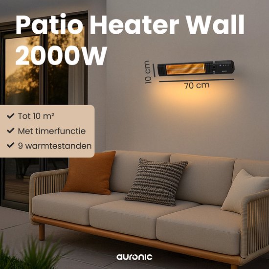 Auronic Terrasverwarmer - Infrarood Verwarming - Touch Display - 10m2 - Elektrisch - 2000W - Afstandsbediening - 9 Standen - Zwart