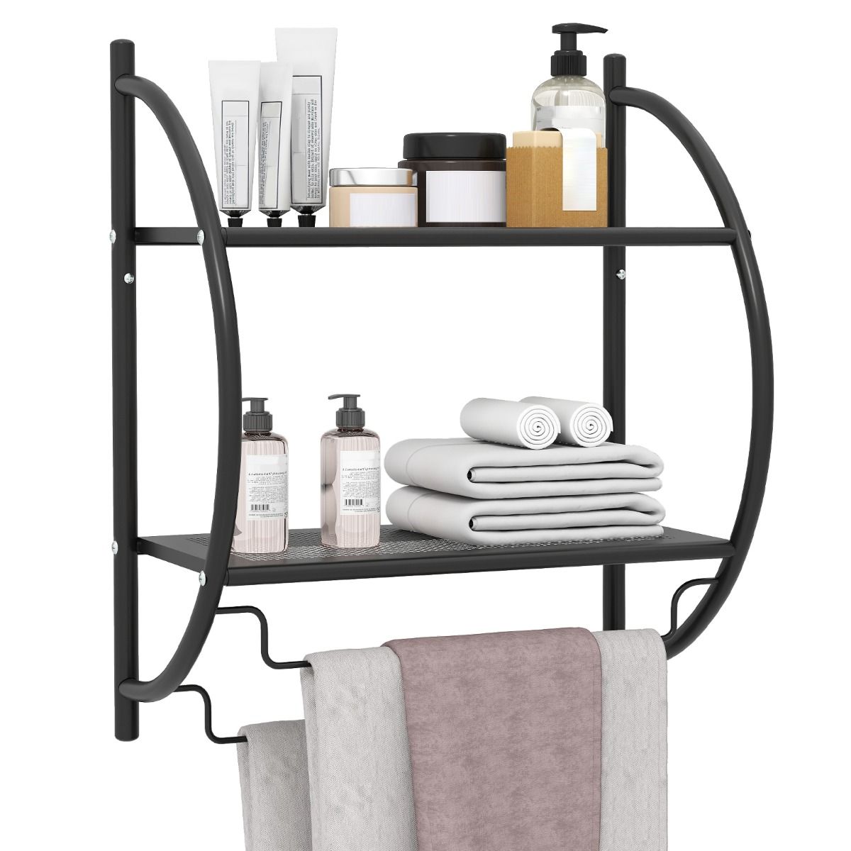 Coast Handdoekhouder voor de badkamer - wandmodel - met planken en handdoekstangen - zwart 45 x 25,5 x 55 cm