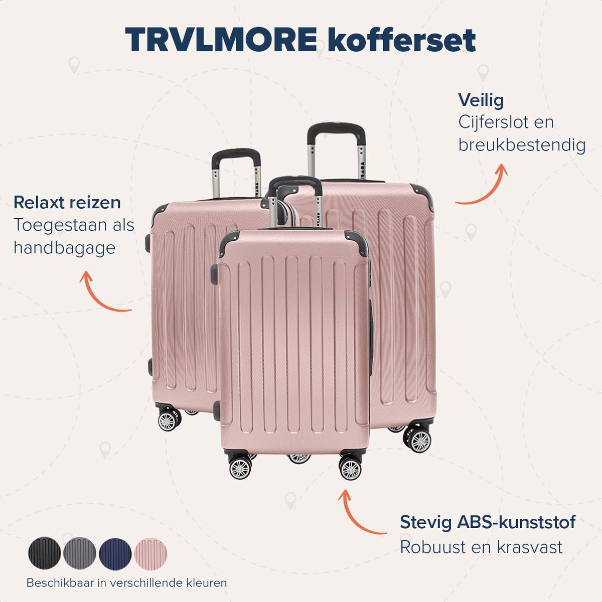 TRVLMORE Kofferset - 3 Delig - Complete Set - 38L Handbagage + 70L en 110L Ruimbagage - Roségoud