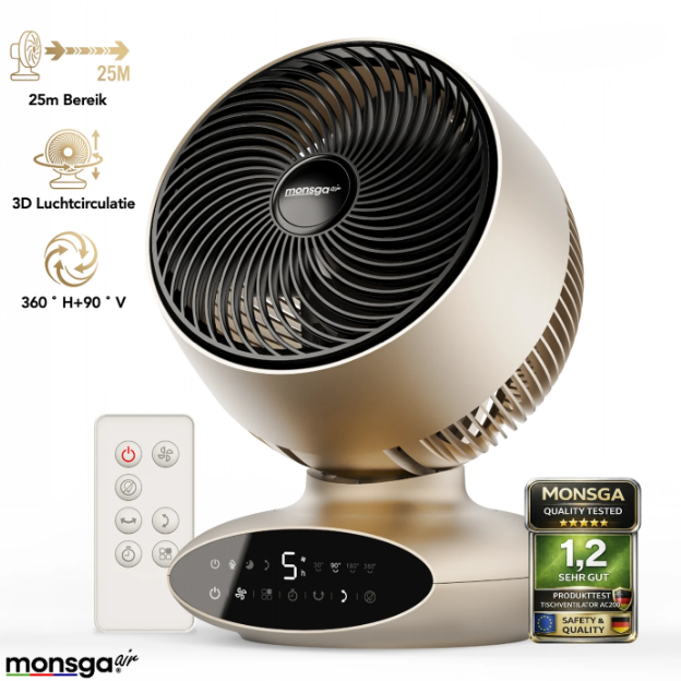 Monsga AC200 Turbotafelventilator - 30 dB Ultrastil - 360° Oscillatie - Afstandsbediening