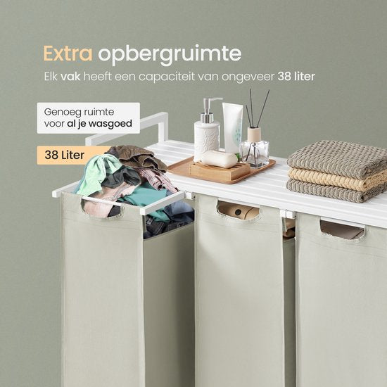 O'DADDY® Wasmand 3 Vakken - Uitschuifbare Wassorteerder met Plank - 114 Liter - 92,5 x 33 x 71 cm - Verstelbare Pootjes - Makkelijk te Monteren - Veelzijdig en Stijlvol Metaal - Wit