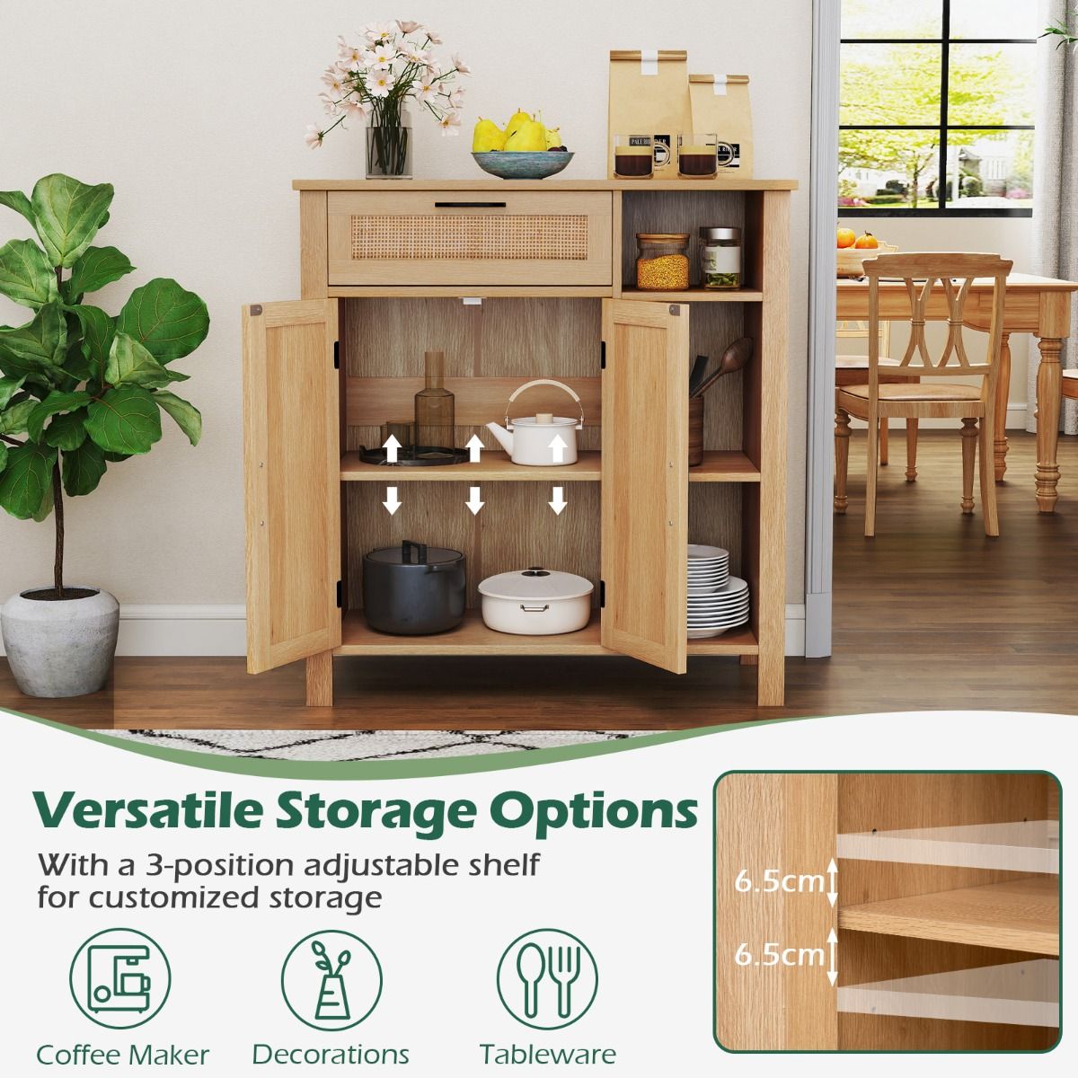 Coast Houten Dressoir - Rotan deuren en lade - Verstelbaar rek - Naturel 75 x 30 x 80 cm