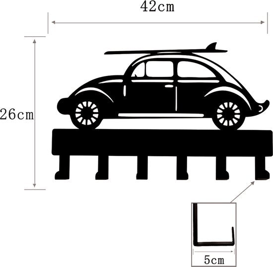Kapstok auto kinderkamer - wandkapstok auto surfplank 6 haken babykamer