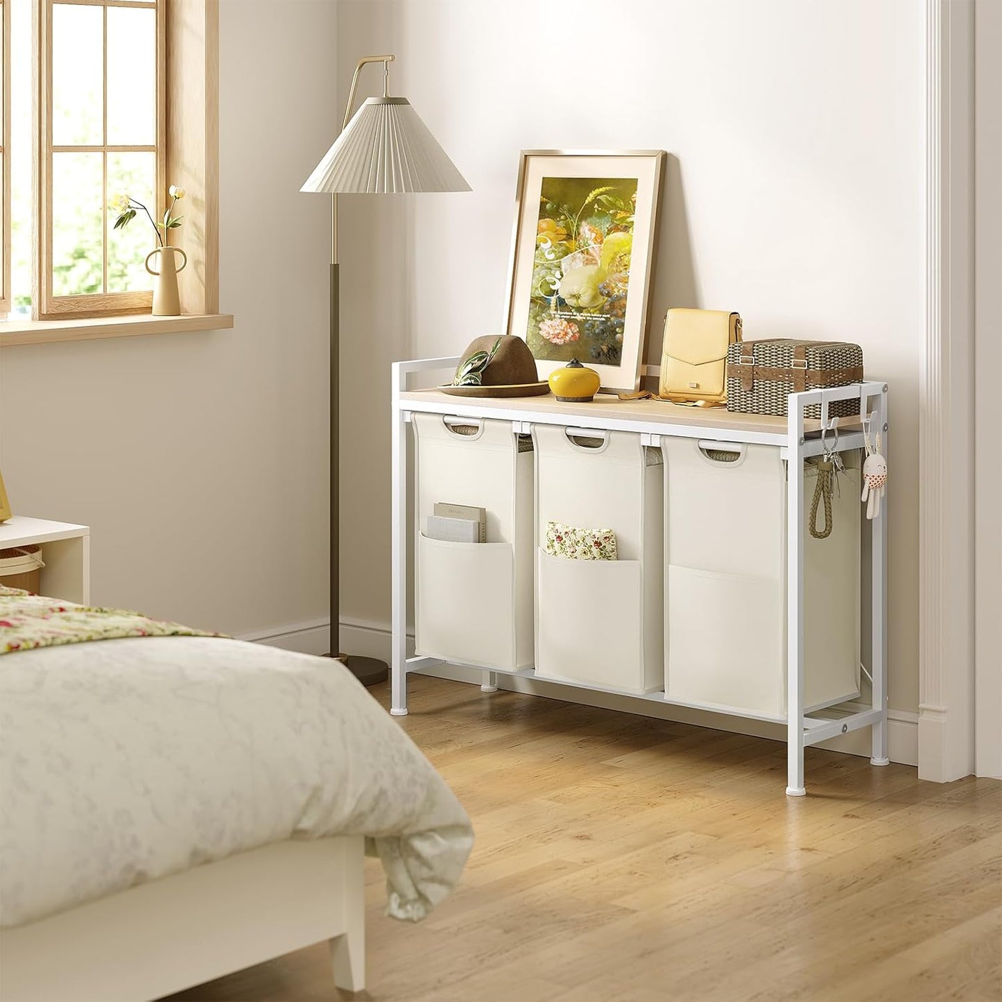 WOLTU - Wasmand met 3 vakken 3x40 l - Was sorteerder met plank - Wit en licht eiken 96 x 71 x 30 cm