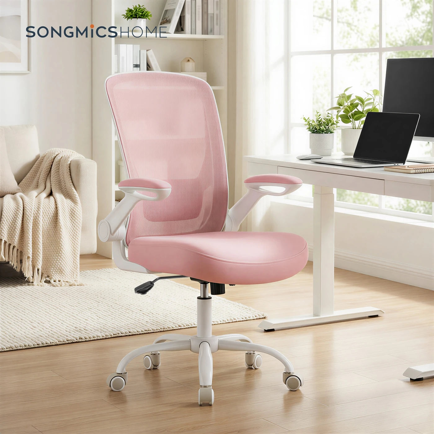 Joyfurnos Ergonomische Bureaustoel Roze - Verstelbare Lendensteun en Opklapbare Armleuningen - 60 x 64 x 103-110 cm