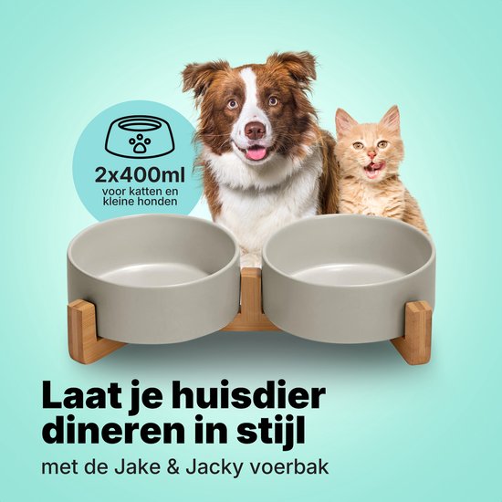 Jake and Jacky Voerbak Kat en Hond Keramiek - Voerbakken Dubbel met Standaard - Drinkbak - 2x 400 mL - Grijs