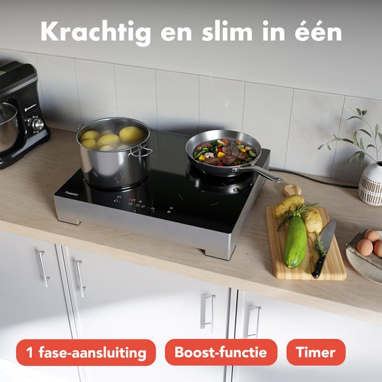 KitchenBrothers Inductie Kookplaat - Vrijstaande Inductieplaat - 60 cm - 4 Zones - 1 Fase - Tot 2400W - Zilver/RVS