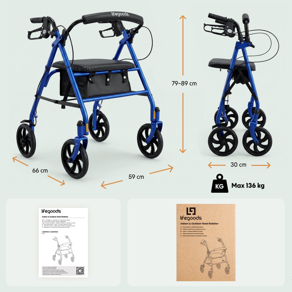 LifeGoods Basic Rollator Lichtgewicht en Opvouwbaar - Met Zitje en Rugsteun - Verstelbaar 79-89 cm - 136 kg Draagkracht - 66 x 59 x 79-89 cm - Donkerblauw