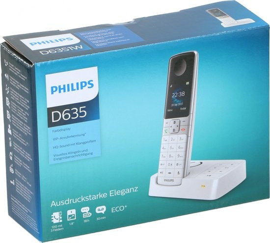 Philips D6351W Draadloze Telefoon met Antwoordapparaat - 1,8" Display - Telefoonboek tot 100 Namen - Nummerherkenning en -Blokkering - Plug & Play - Wit