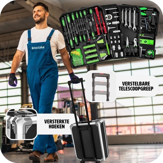 tectake® gereedschapskoffer, gereedschapsset, gereedschapskoffer gevuld 1200-delig, gereedschapstrolley, gereedschapskist met 4 niveaus, aluminium koffer met wielen en telescoophandgreep - zwart