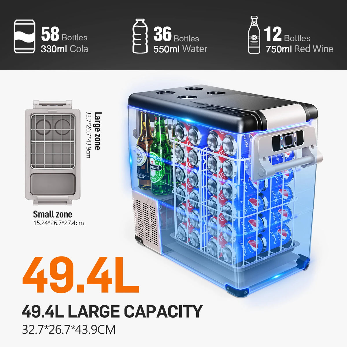 Euhomy Compressor Koelbox 49,4 Liter - 2 Compartimenten - Koelen en Vriezen -20 tot 20 °C - 12/24 V en 230 V - Bediening via App