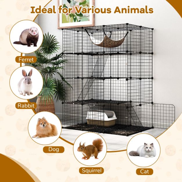 Ruime 4-laagse kattenkooi 143 cm hoog – Zwarte metalen draadkooi met hangmat, plateaus en ladders voor katten en kleine huisdieren