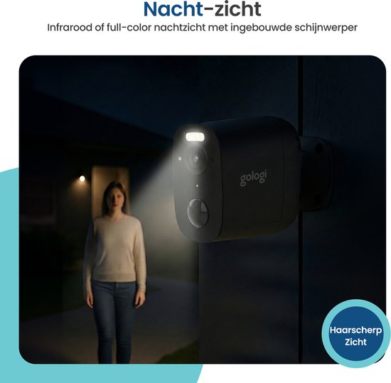 Gologi Draadloze Beveiligingscamera voor Buiten en Binnen - Bewakingscamera met Accu 5200 mAh - USB-C Oplaadbaar - Nightvision - Bewegingsdetectie - Magnetische Montage - 5MP HD Camera WiFi met App - Security Camera - Zwart