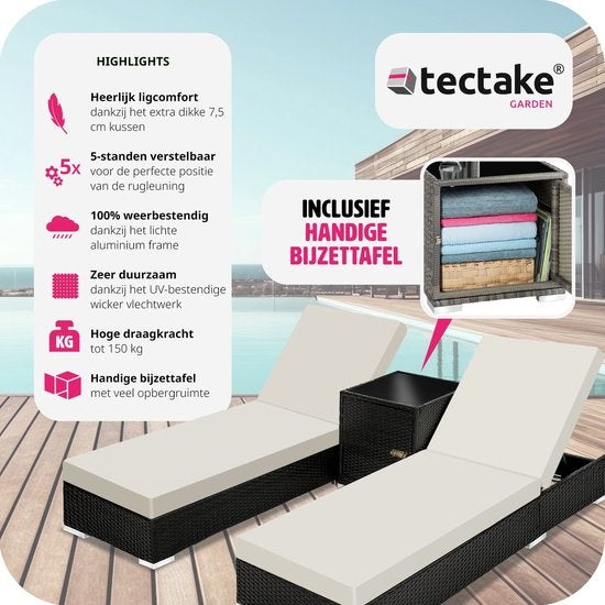 Tectake 2 luxe ligbedden met bijzettafel - Zwart - Inclusief beschermhoes - 401500