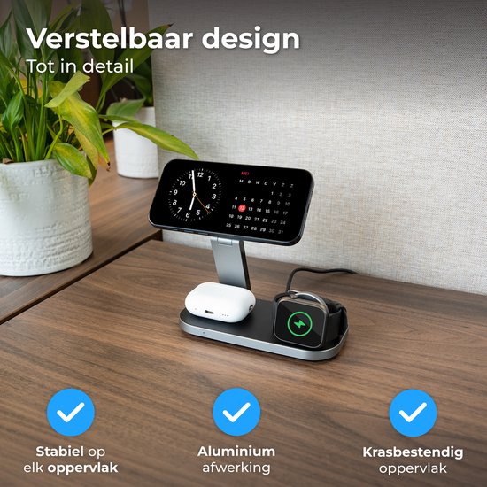 Nuvance Draadloze Oplader - 3 in 1 - 15W - Oplaadstation - Snellader - Wireless Charger - Geschikt voor Apple Smartwatch & Oortjes