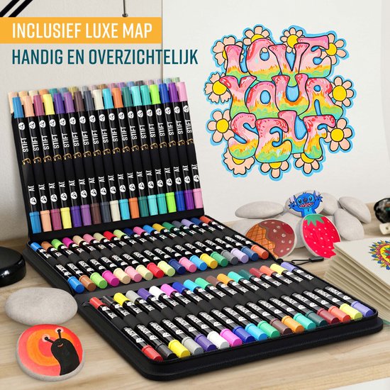 NAPI 72 Acrylstiften Dual Tip - Twinmarkers - Verfstiften Happy Stones - Stenen Schilderen met Acryl Verf Marker Stiften - Volwassenen en Kinderen - Incl. 5 Mandala Sjablonen