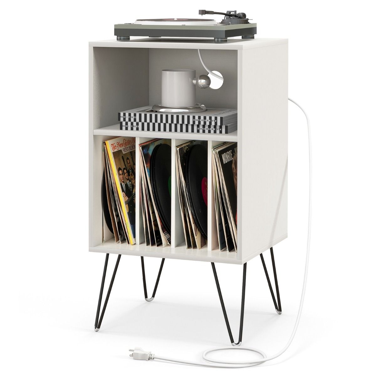 Coast Platenspelerstandaard - 3-laags vinyl opbergtafel - met oplaadstation - wit