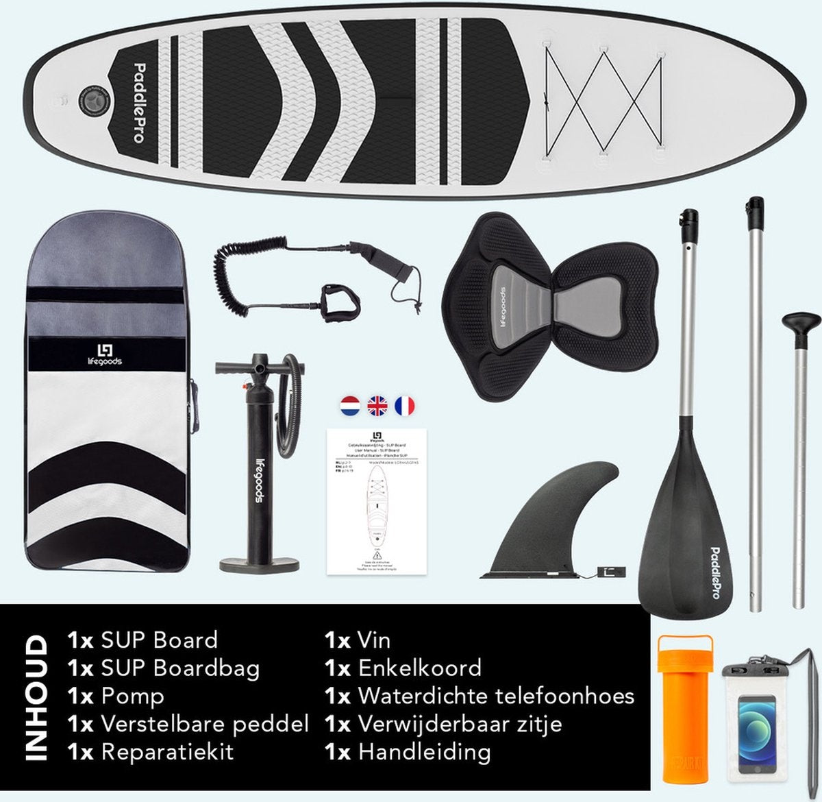 LifeGoods SUP Board - met Zitje - Opblaasbaar Paddle Board - Complete Set - Max. 135KG - 320x81cm - Wit/Zwart