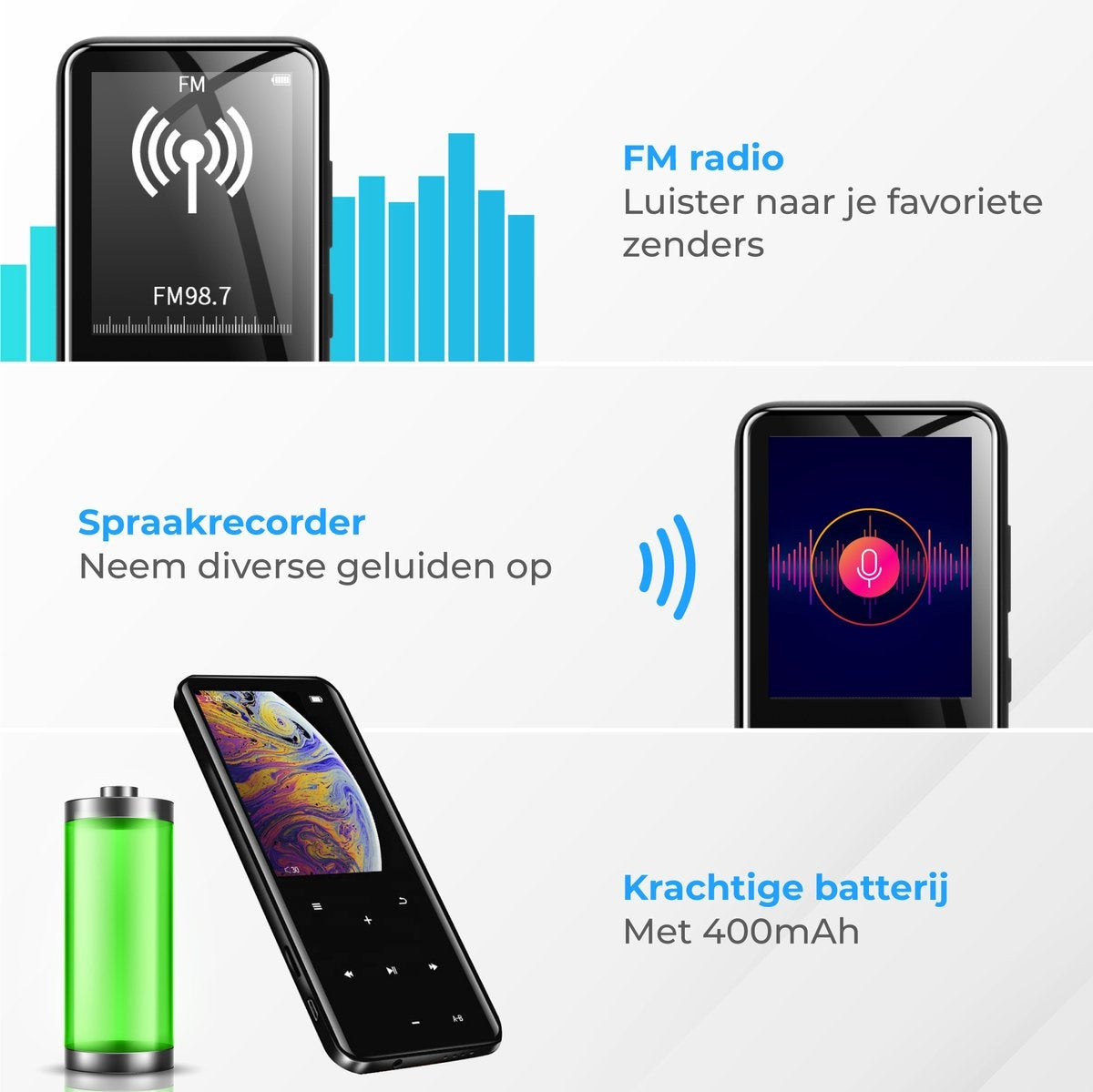 Nuvance - MP3 Speler Bluetooth - 16GB intern geheugen - Ondersteuning tot 128GB - Voice Recorder Digitaal - met FM Radio - Zwart