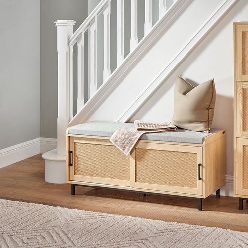 SoBuy Schoenenkast met gestoffeerd zitvlak - 2 Schuifdeuren - 110 x 40 x 49 cm - Naturel/ Grijs