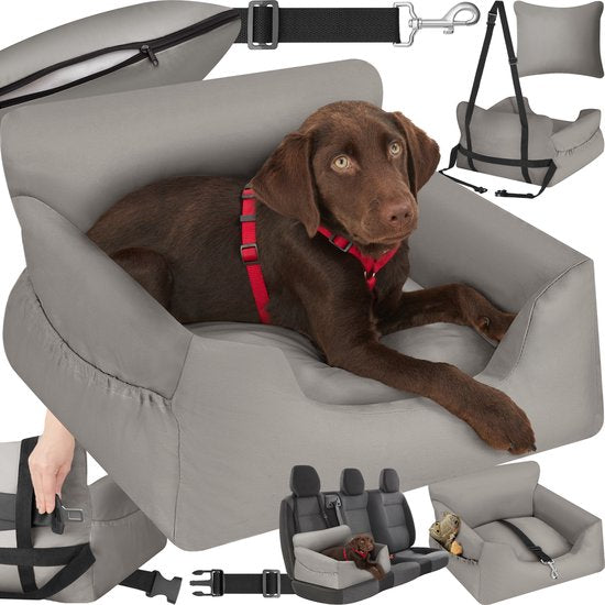 tectake® Hondenautostoel – Gestoffeerd met Veiligheidslijn & Zijvakken – 55 x 50 x 29 cm – Grijs
