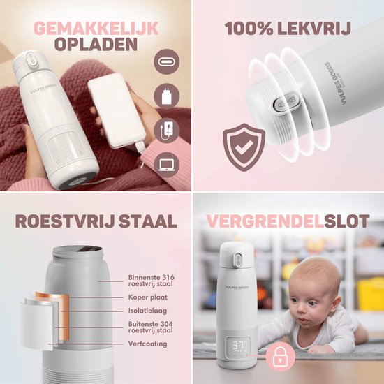 Vulpes Goods® BabyCare - Thermosfles Flessenwarmer - 500ML - Roestvrijstaal - 6400 mAh - 500ML - Oplaadbaar - Draadloos & Draagbaar - PRO V2