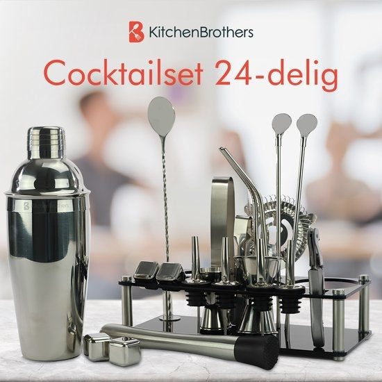 KitchenBrothers Cocktail Set met Cocktailshaker - 24 Delig - Uitgebreide Set - Cadeauverpakking - Zwart/Acryl