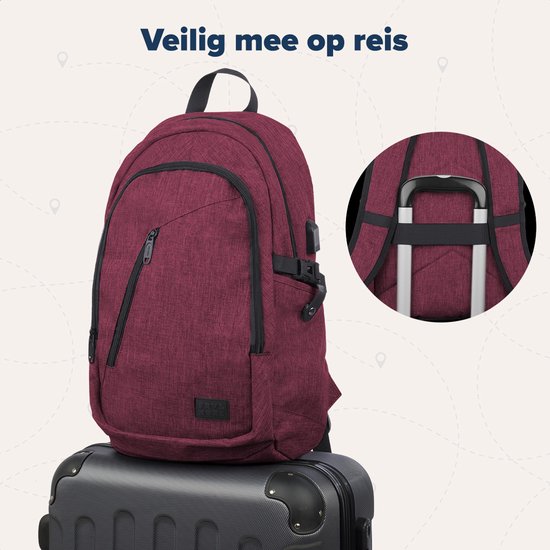 TRVLMORE Rugzak met Levenslange - Rugtas met 15,6 Inch Laptopvak - Schooltas - Spatwaterdicht - Heren en Dames - Jongens en Meisjes - 25L - Burgundy
