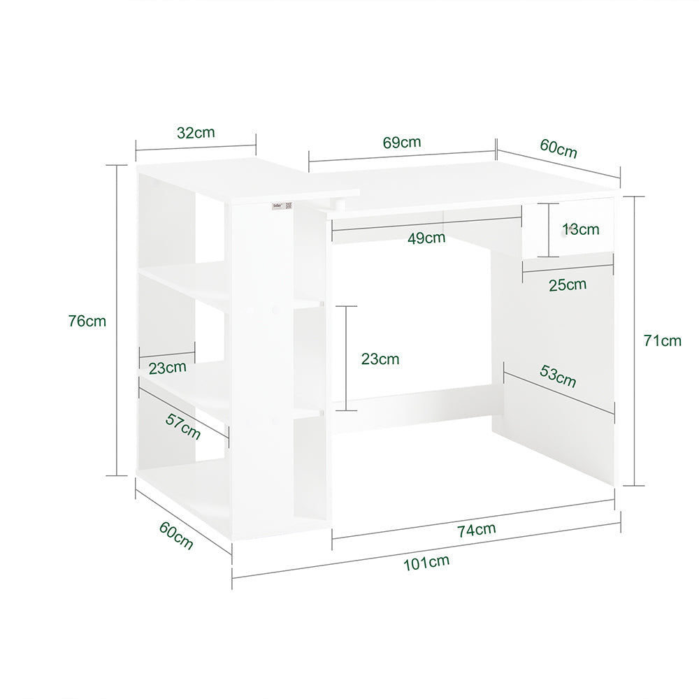SoBuy FWT35-W Bureau Werktafel Computertafel - Drie Legplanken - Lade - Wit