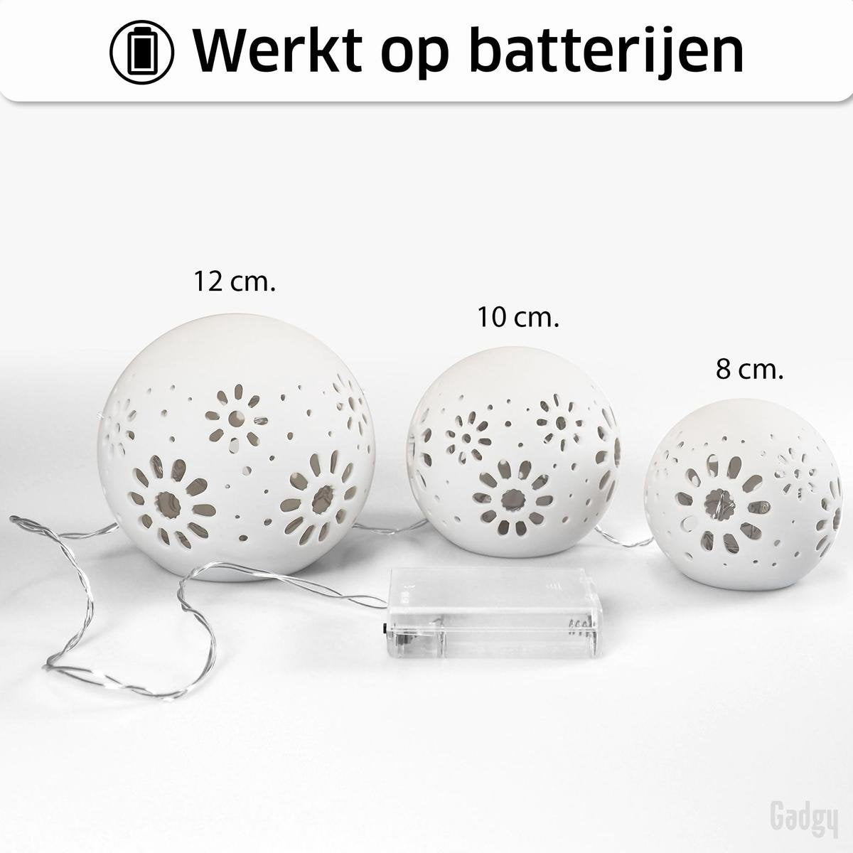 Gadgy Bollamp keramiek met Lichtsnoer - 3 st: Ø 8/10/12 cm - Tafellamp op Batterijen - Sfeerverlichting