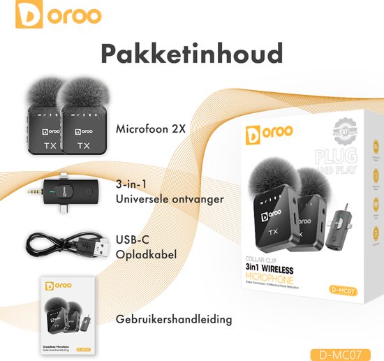 Doroo® Professioneel Draadloze Microfoon - 2 Stuks - Lavalier - Windschermen - Extra Lange Batterij - Dasspeld - Professioneel audiogeluid - USB-C/Lightning/AUX-draadloze microfoon iphone-Android - Plug & Play - twee jaar garantie