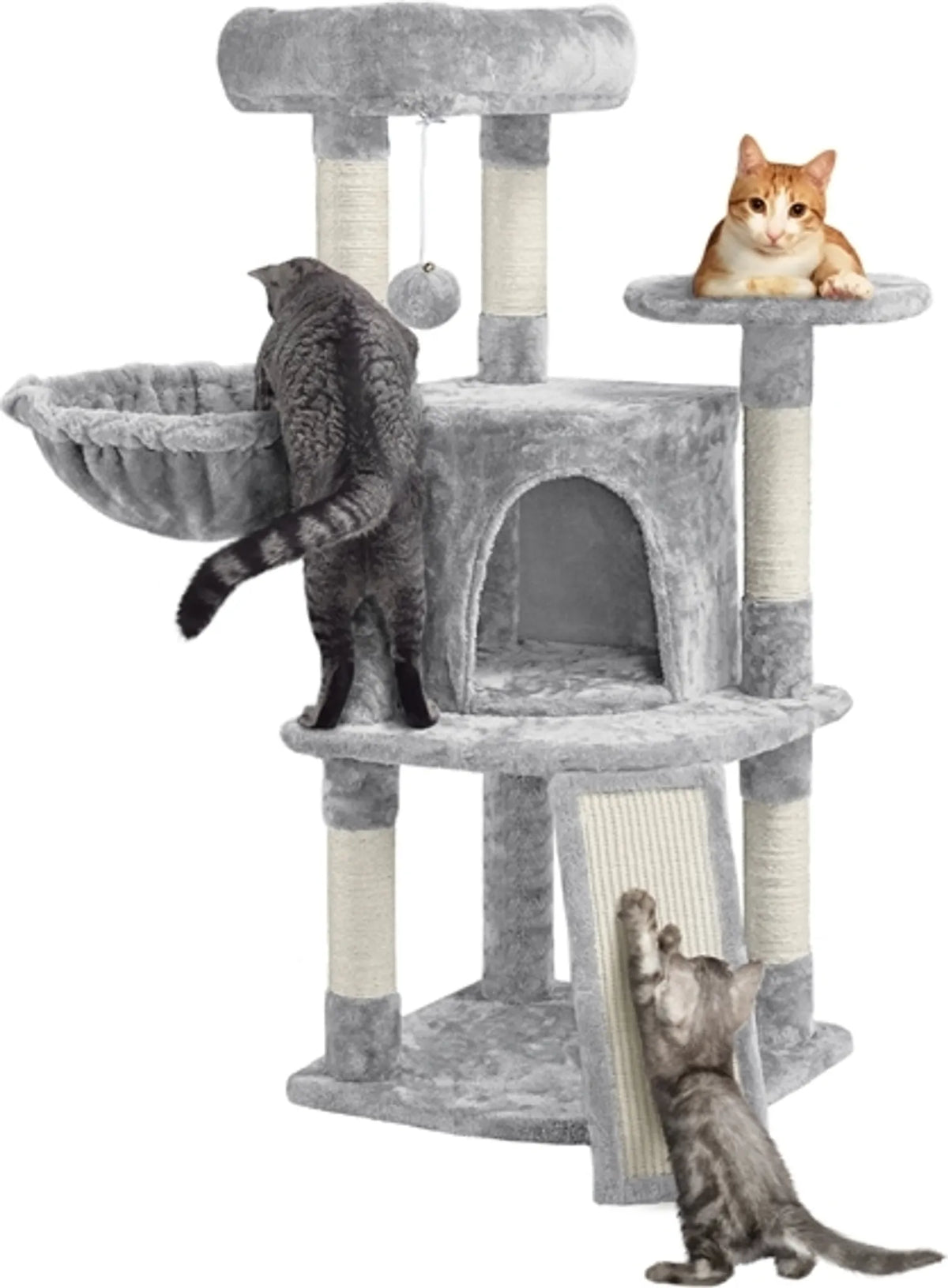 Yaheetech Krabpaal Met 5 Sisalpalen – Voorzien Van Gewatteerd Kijkplatform En Hangmat En Kattenhol – Voor 2 Tot 3 Kleine En Middelgrote Katten – Lichtgrijs Pluche En Metaal – 43,5 x 43,5 x 106 cm