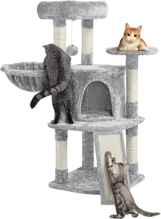 Yaheetech Krabpaal Met 5 Sisalpalen – Voorzien Van Gewatteerd Kijkplatform En Hangmat En Kattenhol – Voor 2 Tot 3 Kleine En Middelgrote Katten – Lichtgrijs Pluche En Metaal – 43,5 x 43,5 x 106 cm