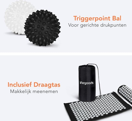 LifeGoods Spijkermat met Kussen - Shakti Mat - Acupressuur Mat - Spijkerbed - Massage Mat - Voor Pijnverlichting, Spierherstel, Stressverlichting en Meer - Incl. 2x Triggerpoint Bal - 60x40x2cm - Zwart