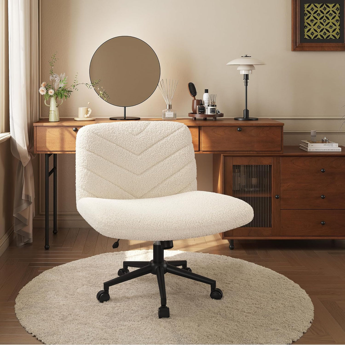 Yaheetech Bureaustoel met Wielen en Brede Zitting 66 × 65 × 92 cm Ivoorwit
