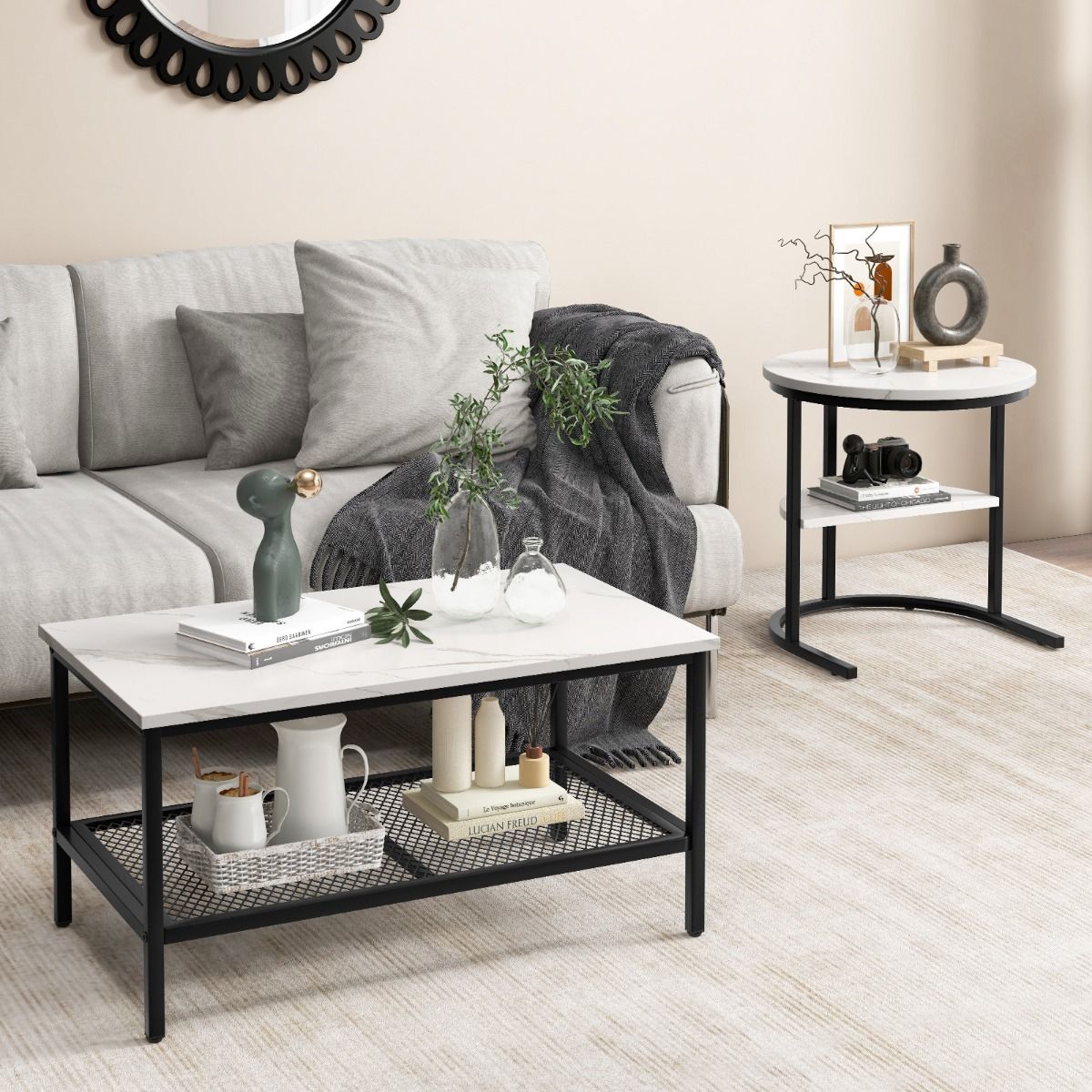 Coast Bijzettafelset - salontafel en bijzettafel - marmerlook tafelblad - zwart en wit