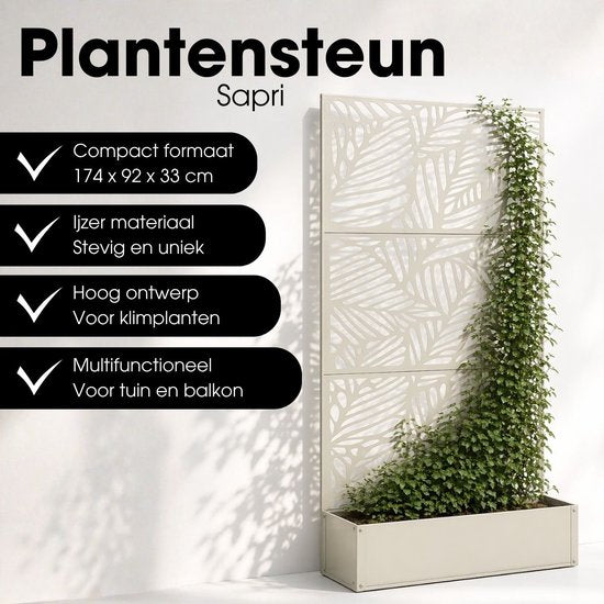 Mica Decorations Sapri Plantensteun - Plantenbak met Klimrek voor Klimplanten - Plantenstandaard Vrijstaand of tegen Muur - 92 x 33 x 174 cm - Off White