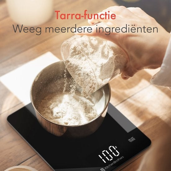 KitchenBrothers Keukenweegschaal - Weegschaal Keuken - Digitaal - 1g tot 10kg - Inclusief Batterijen - Glas/Zwart