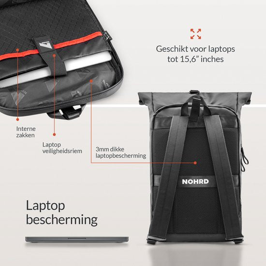 NOHRD Waterdichte Rolltop Rugzak Zwart - Rugtas Heren & Dames - Waterdicht - Rugtas met Laptopvak - Waterproof Rugzak Laptop - Rugzakken
