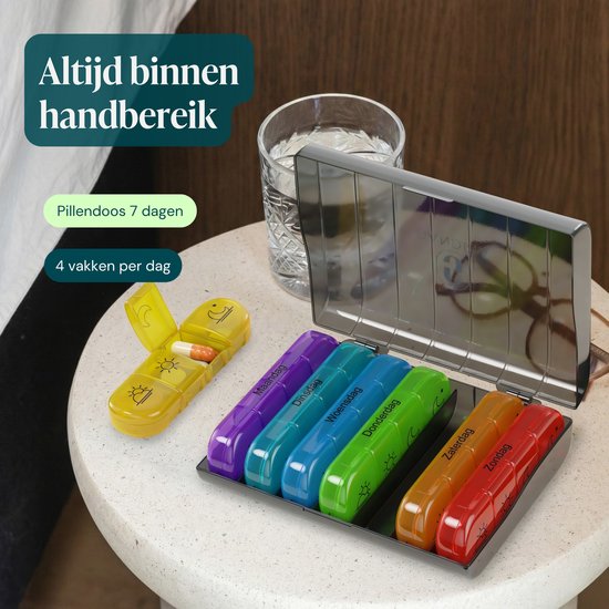 Gandria Pillendoos 7 Dagen - Uitneembaar Pillendoosje - Medicijndoos met 28 Compartimenten - Medicijndoos met Stevige Sluiting - 4 Vakken per Dag - 7 Kleuren