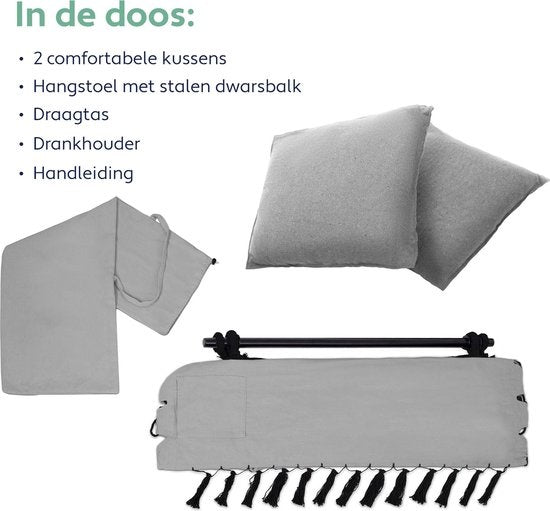 Vita5 XXL Hangstoel – Incl. 2 Kussens en Boekenvak – max. 225 kg – Grijs