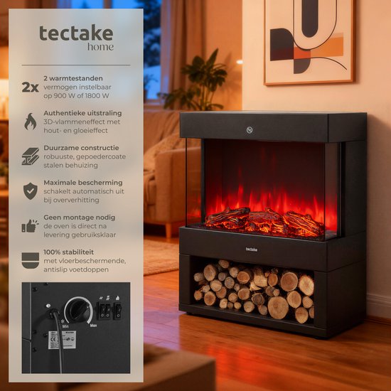 tectake® Elektrische Haard - Sfeerhaard - 900W & 1800W - Vrijstaand - Kachel - met Verwarming - Haarden - met Hout en Gloeieffecten - 3D Vlammen - Timer