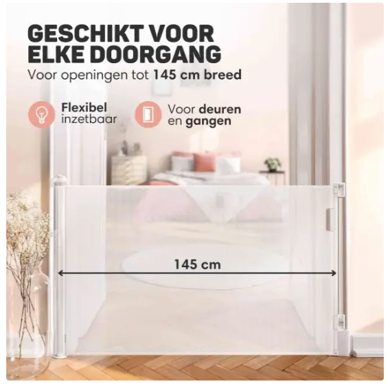 Vulpes Goods® – Oprolbaar Traphekje – 145 x 84 cm – Voorzien Van Push-En-Lock Kinderslot En Kleurindicator En Eénhandige Bediening – Voor Kinderen En Huisdieren – Wit Kunststof En Gaas