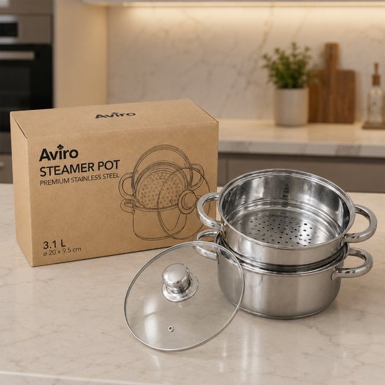 Aviro Stoompan - Glazen Deksel - 3,1L - 20 CM - Inductie En Gas - 3-Delige Rijst- En Groentestomer - RVS