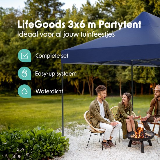 LifeGoods Partytent - Paviljoen - Easy Up - Opvouwbaar - Waterdicht - Met Draagtas - 300 x 600 cm - Donkerblauw