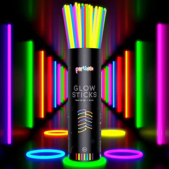 Partizzle 100 stuks Glow in the Dark Sticks met Connectors - Oud en Nieuw 2025 Glowsticks - Neon / Carnaval Party Artikelen Breekstaafjes - Verjaardag Nieuwjaar Versiering - 7 Kleuren
