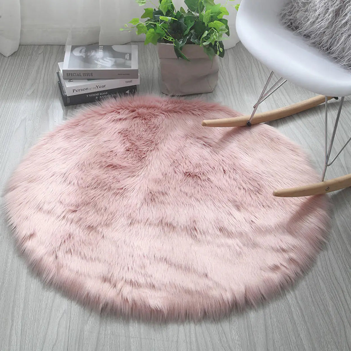 Rond vloerkleed van imitatiebont - roze - 90 × 90 cm